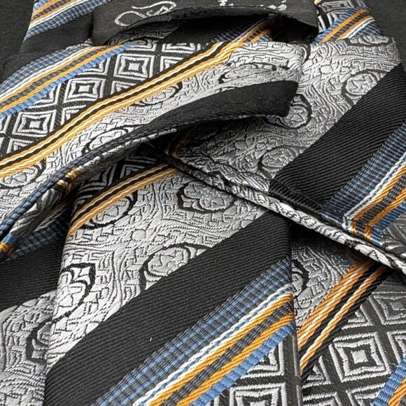 Berlioni Tie & Pocket Square Men's Striped Gray Black Orange Blue Made in Italy - Picture 5 of 7